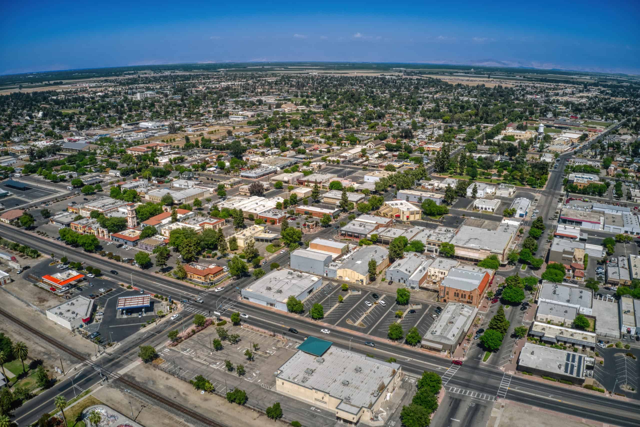 Aerial View of Downtown Tulare, California during Spring